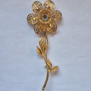 Vintage Long Stem Flower Brooch with AB Rhinestones